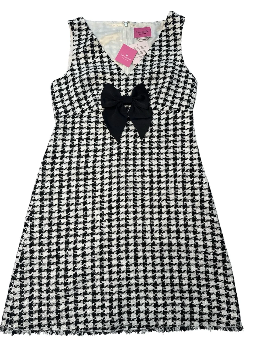 Kate Spade Black and White Houndstooth Tweed Bow Dress Size 2 NWT